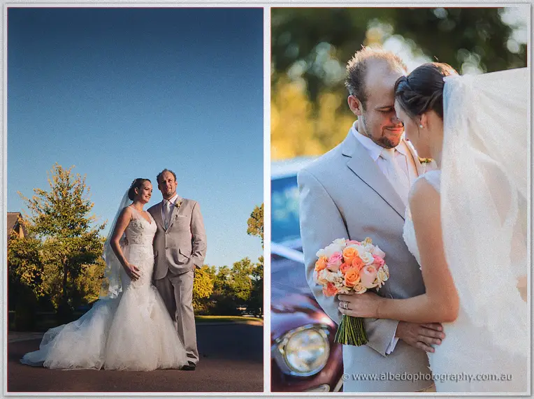 Duet frame of the couple by the Cadillac and a close embrace over Katelyn's peach bouquet