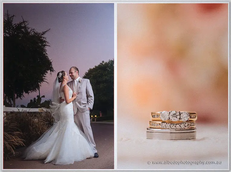 Duet of the couple embracing at dusk and their stacked gold wedding rings glowing close-up