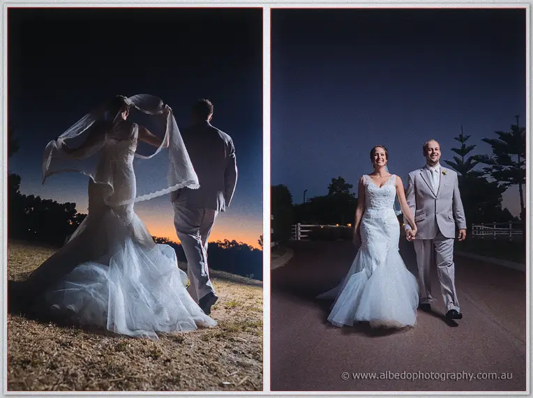 Side by side frames show Katelyn's veil lifted by the breeze and the pair walking hand in hand at night