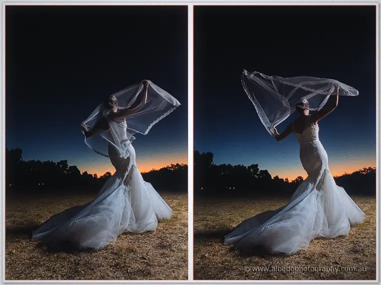 A two-frame diptych of Katelyn swirling her veil overhead in a twilight paddock at Brookleigh