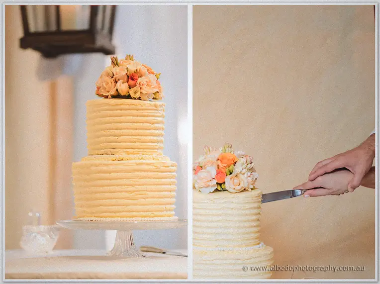Two frames show the cream buttercream wedding cake topped with peach roses before cutting