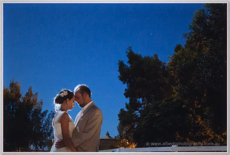 Katelyn and Matt embrace beneath a starry indigo sky between dark trees at Brookleigh