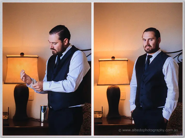Two-frame portrait of Troy fastening his cufflink and standing ready in vest and tie