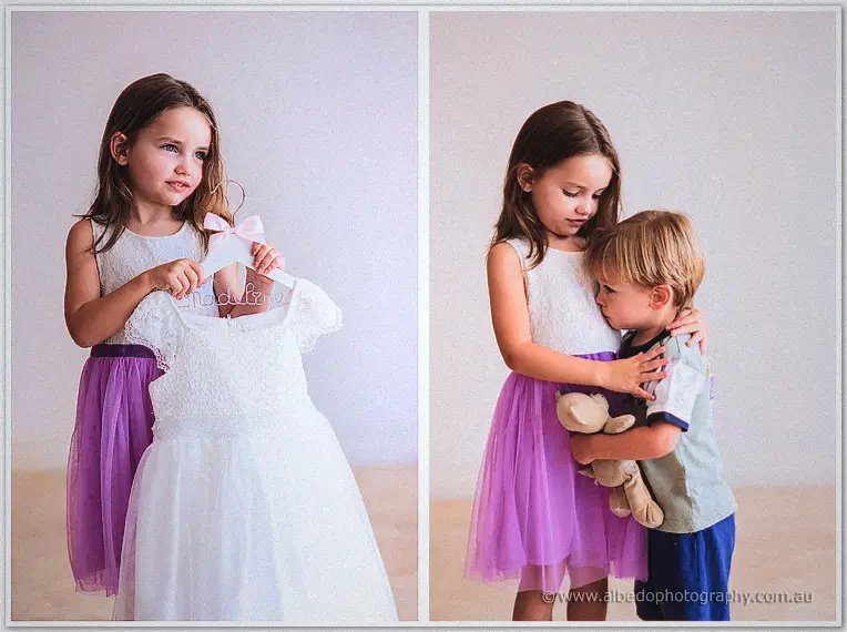 Diptych of the flower girl holding her tiny dress, then hugging her little brother and teddy