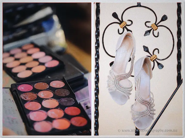 Diptych of wedding-day details: blushed makeup palettes and diamante heels hanging on an iron hook
