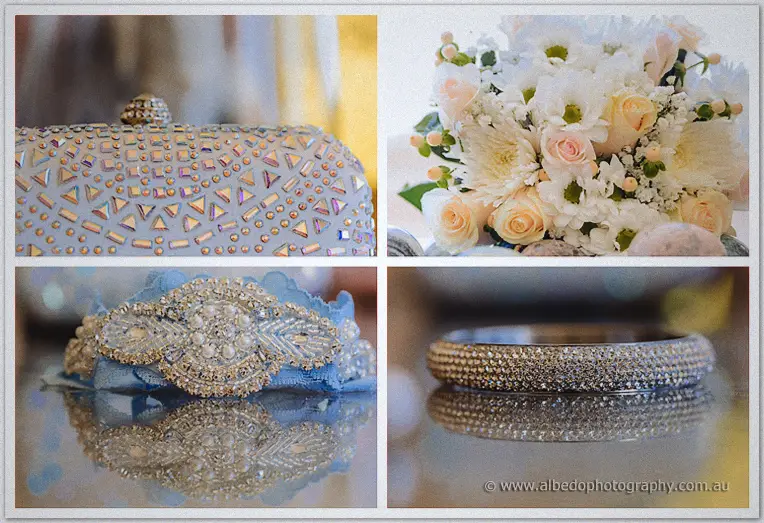Four-panel details: jewelled clutch, peach rose bouquet, beaded garter on blue lace, crystal bangle