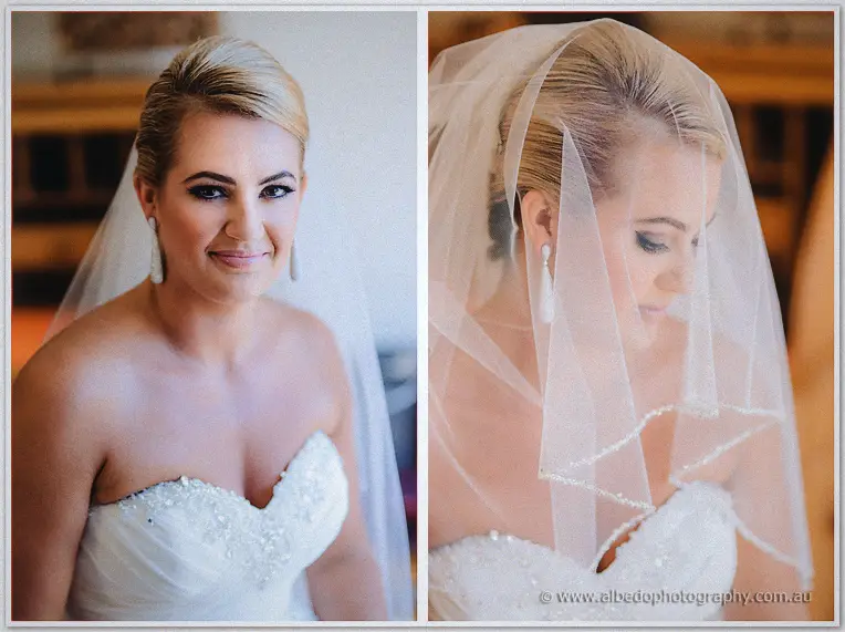 Teigan smiles in her beaded sweetheart gown beside a veil-framed close-up of her face
