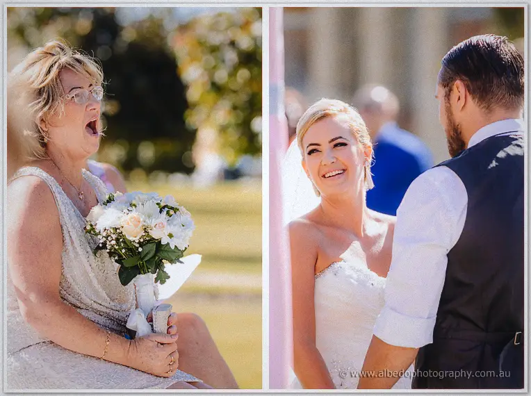 Split frame of Teigan's mother laughing mid-vow and the couple grinning at the arbour