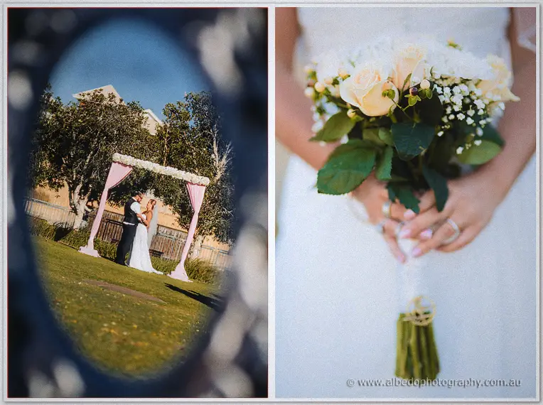 The couple framed through a mirror beside a close-up of Teigan's rose bouquet