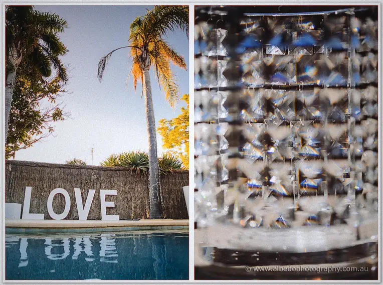 Giant LOVE letters glow by the pool as a crystal chandelier sparkles in close-up
