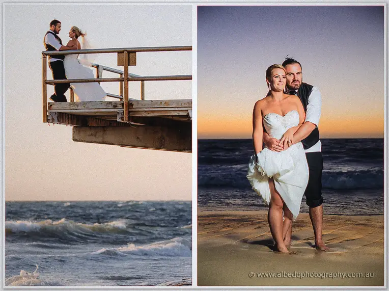 Diptych pairing a jetty railing embrace over the waves with a barefoot twilit stand on wet sand