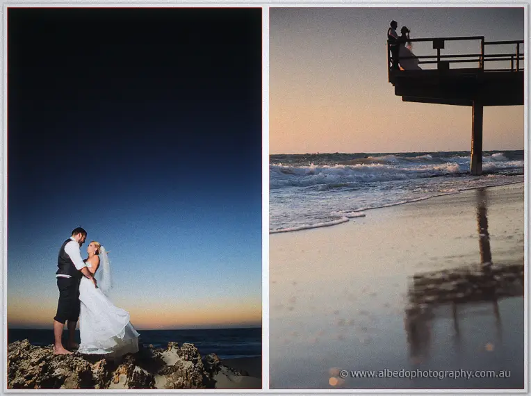 Dusk diptych: the couple on dark rocks below a deep blue sky, then on the jetty under a peachy horizon