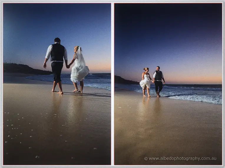 Diptych of the barefoot pair walking the shoreline, seen from behind and then walking toward camera