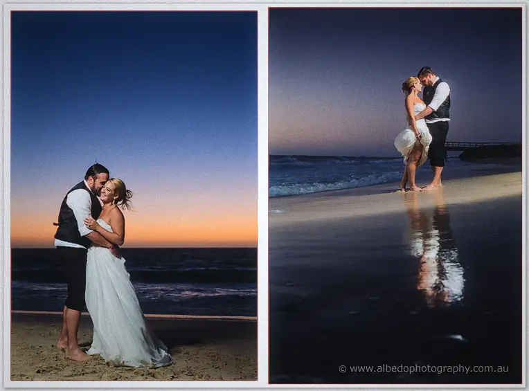 Diptych: a smiling beachfront clinch beside a mirrored dusk pose with the jetty behind
