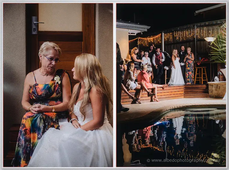 Diptych of a quiet mother-and-bride moment indoors, then backyard speeches by a glowing pool