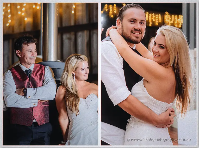 Diptych of a proud dad in a red vest watching, then Teigan and Troy locked in a spinning dance