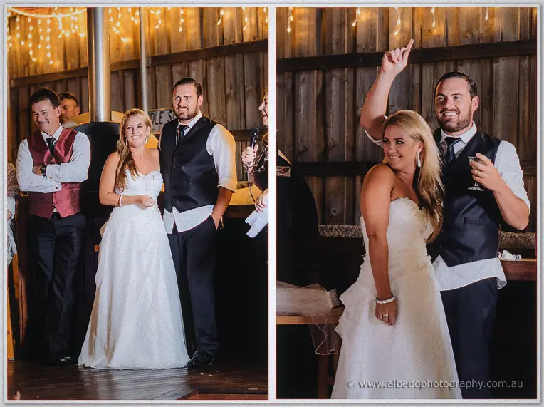 Diptych of the pair beaming through their barn reception, Troy's arm flung high in triumph