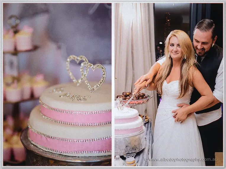 Diptych of the pink-ribboned cake with twin crystal hearts and the couple cutting it together