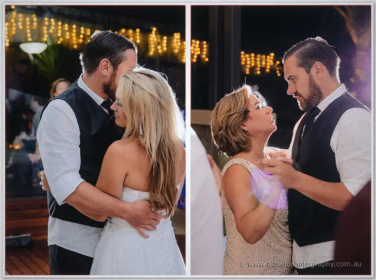 Diptych pairing the newlyweds' close dance with Troy dancing tenderly with his mother