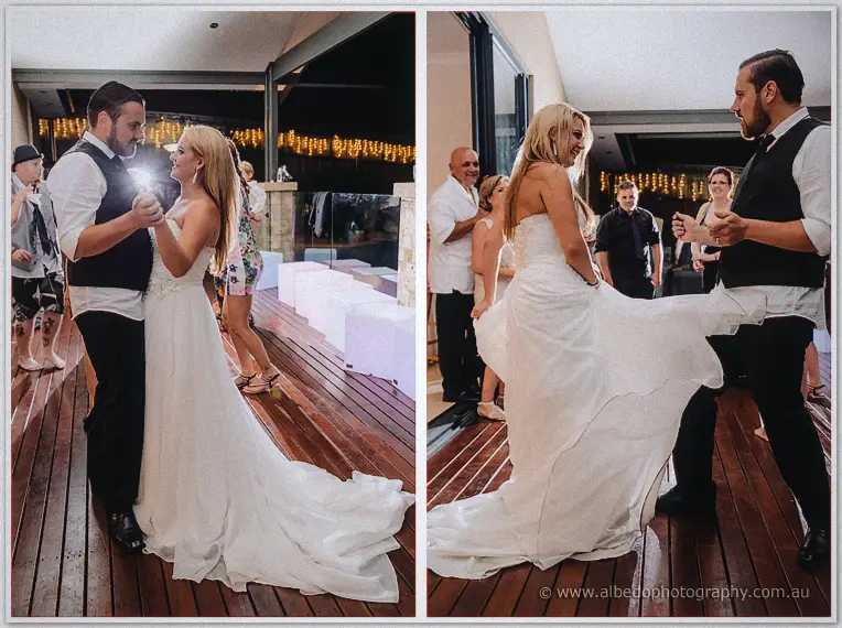 Diptych of the couple's slow sway and Teigan flicking her train out mid-spin at the party