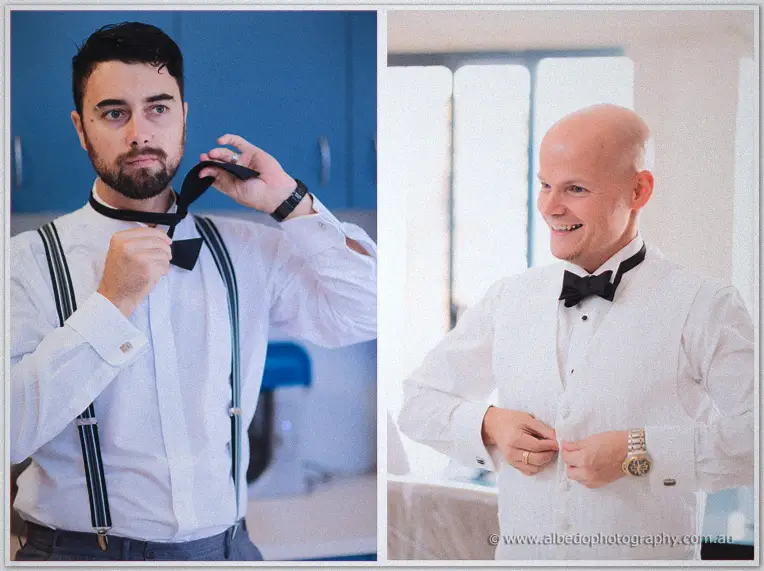 Side-by-side portraits of a groomsman knotting his bow tie and Michael smiling as he buttons up.