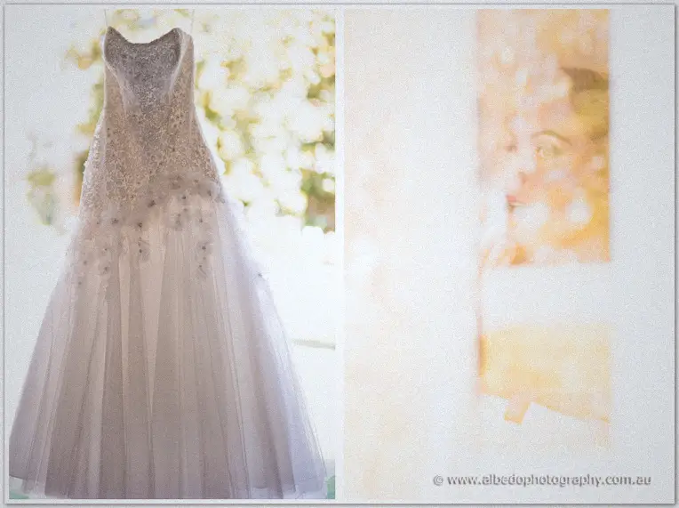 Jasmine's beaded bodice and tulle skirt hang in soft window light beside her veil.