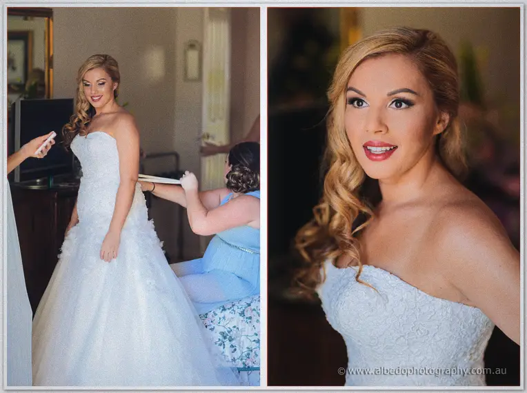 Bride Jasmine in her strapless lace gown as a bridesmaid laces the back, beside a wide-eyed beauty portrait