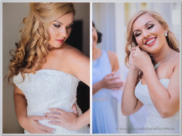 Bride Jasmine smoothing her lace gown, then laughing as she fastens an earring with bridesmaids watching