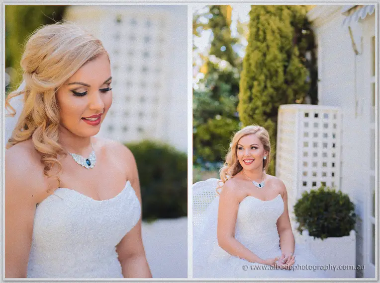 Paired frames of seated bride Jasmine, a demure downward glance and a laughing pose by white lattice