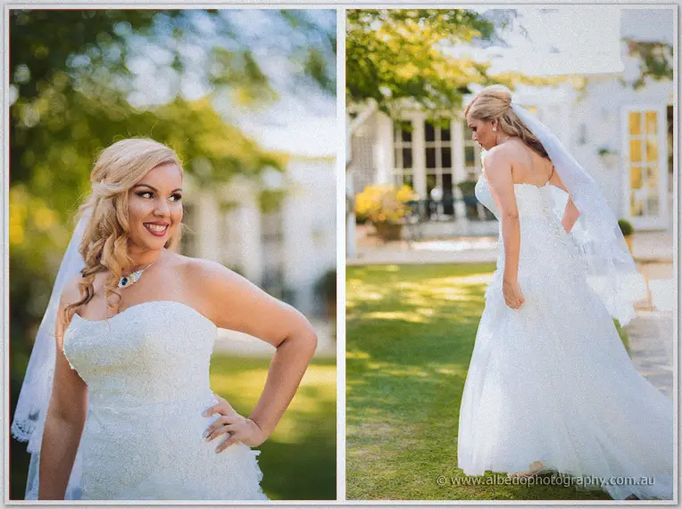 Twin garden frames of Jasmine hand on hip smiling, then walking the lawn with her veil trailing behind