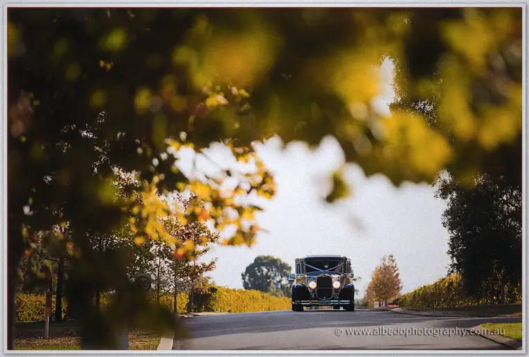 The vintage bridal car rolling up the tree-lined drive with headlights on, framed by golden autumn leaves