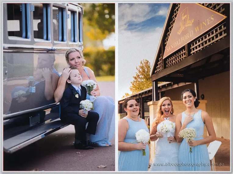 Bridesmaids with the page boy by the limousine, and the bridal party cheering beneath the winery sign