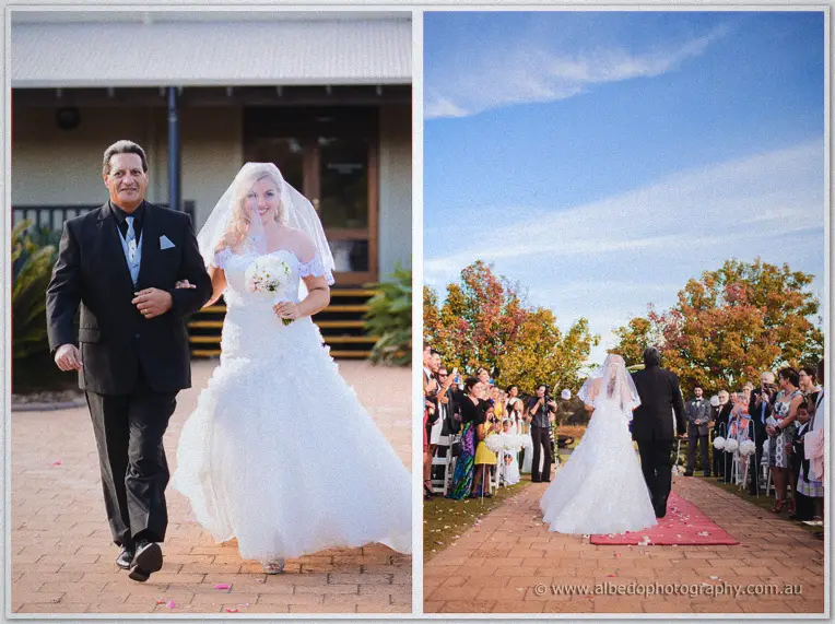 Front and rear views of Jasmine walking the petal-strewn path on her father's arm toward the waiting arch