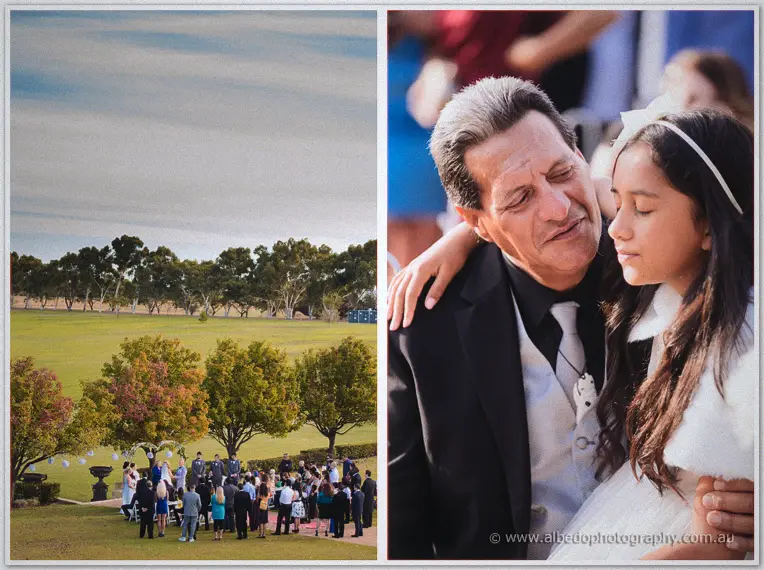 Paired frames of the ceremony gathering beside the golf fairway and a father hugging the flower girl close