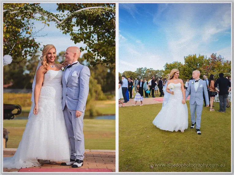Jasmine and Michael pose by the lake then walk hand in hand down the grassy aisle.