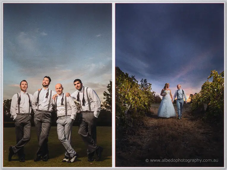 Groomsmen in braces and ties lean together, then the newlyweds stroll the vineyard rows.
