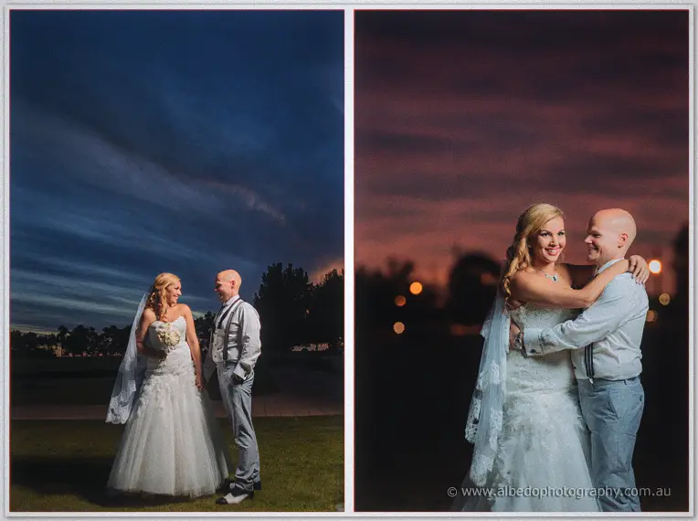 The couple gaze at each other on the twilight lawn, then embrace under a fiery sunset sky.