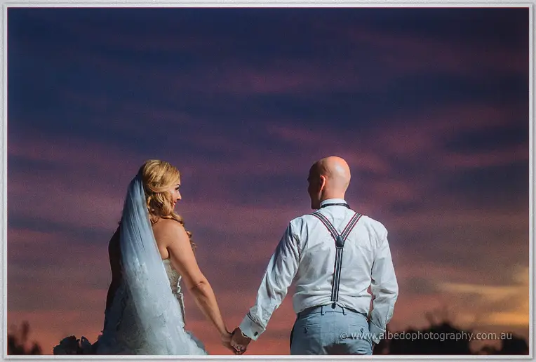 Bride and groom hold hands against a mauve dusk sky, seen from behind in braces and veil.