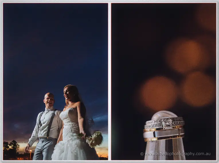 The smiling couple under early stars beside a close-up of their gold and diamond rings.
