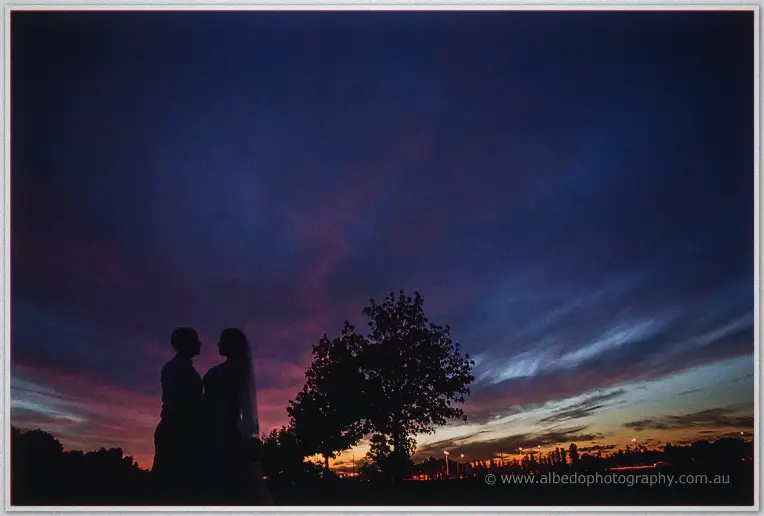 Silhouetted couple embrace beneath a deep purple sunset sky beside a lone tree.