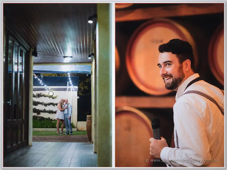 Jasmine and Michael embrace beneath festoon lights as the best man grins into his microphone by the barrels.