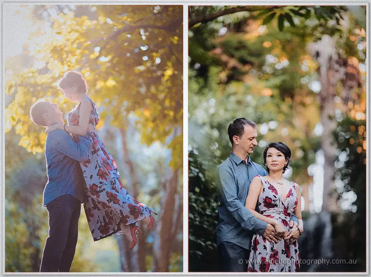 Alex lifts Loan off her feet beneath golden foliage, then the pair pose hand in hand by greenery