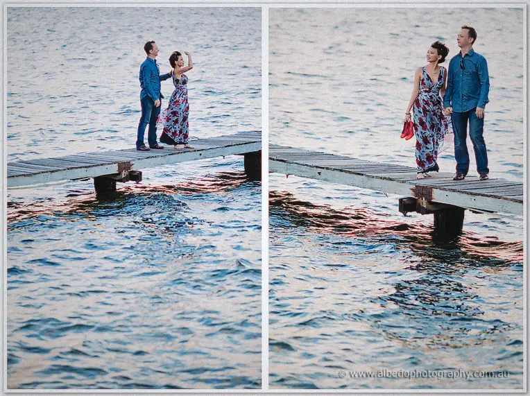 Loan and Alex play and pose at the end of a weathered jetty over rippling pink evening water