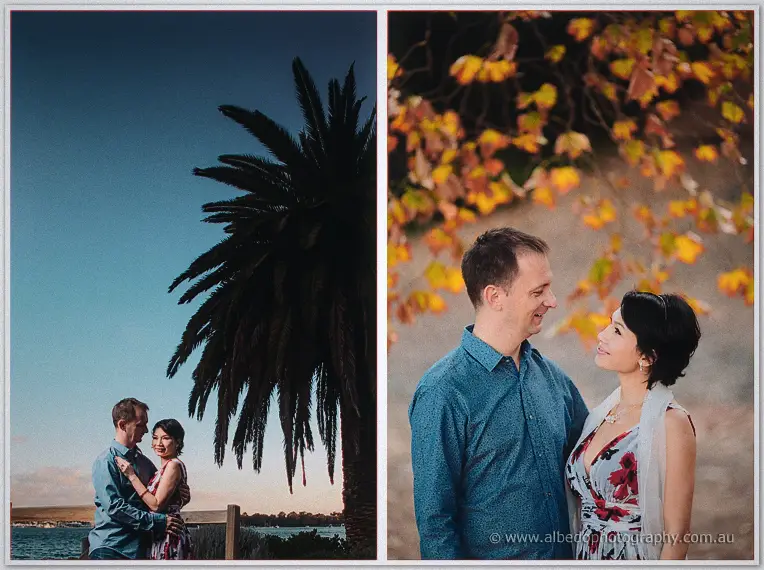 Loan and Alex cuddle beside a palm at the waterfront, then smile at each other under autumn leaves