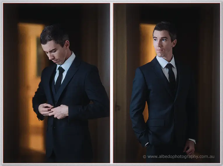 Two-panel portrait of the groom buttoning his charcoal suit, then gazing calmly aside