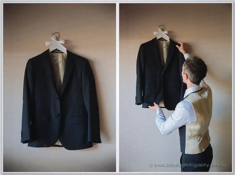 Diptych of a dark suit jacket hanging with a white bow, then lifted from its hook by the groom