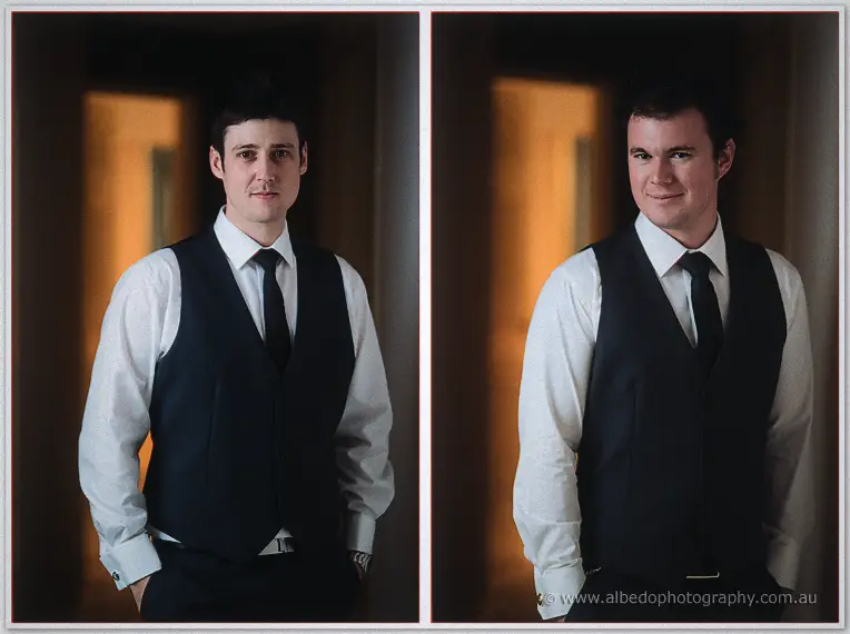 Two-panel portraits of a groomsmen in navy vest and tie standing before a warm doorway glow