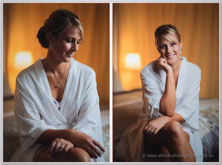 Diptych of bride Lauren in a white robe, pensive then beaming by the bedside lamp