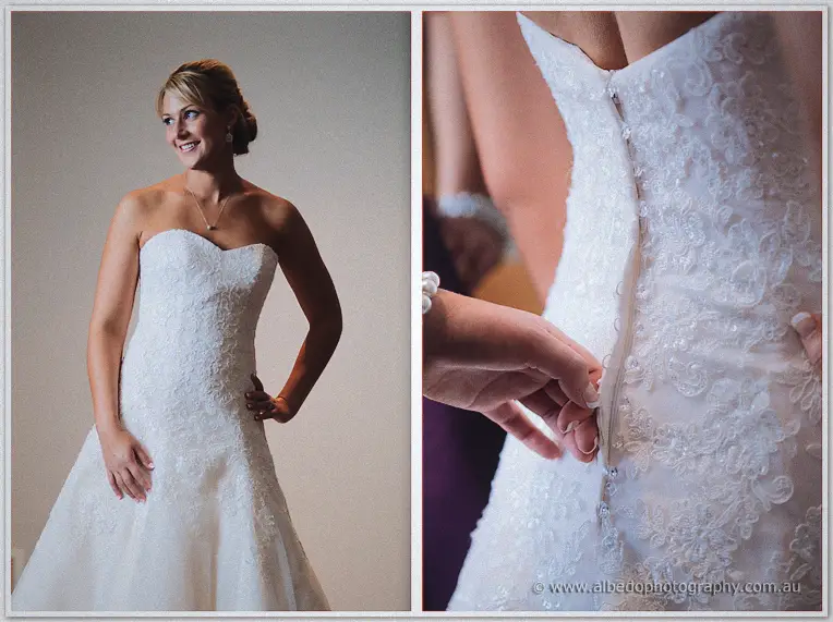 Lauren beams in her strapless lace gown beside a close-up of hands buttoning its lace back