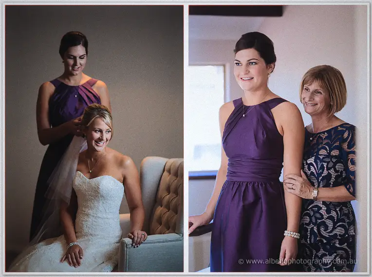 A seated Lauren laughs while her veil is arranged; a bridesmaid poses with the mother in navy lace